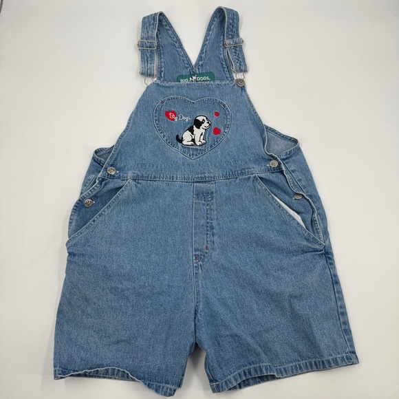Big Dogs Denim - Big Dogs Denim Shortalls Women Medium Blue Heart Puppy Embroidered 90s Vintage